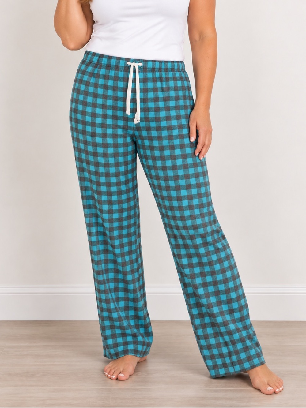 Peace & Love Cotton Fleece Lounge Pants-Teal/Charcoal Plaid
